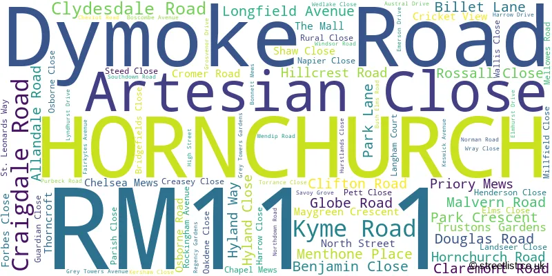 A word cloud for the RM11 1 postcode
